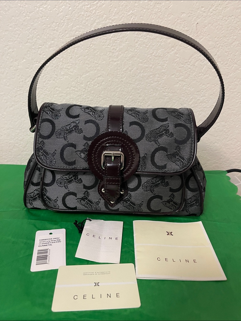 Celine Gray Monogram Canvas Shoulder Bag with Dark Brown Trim